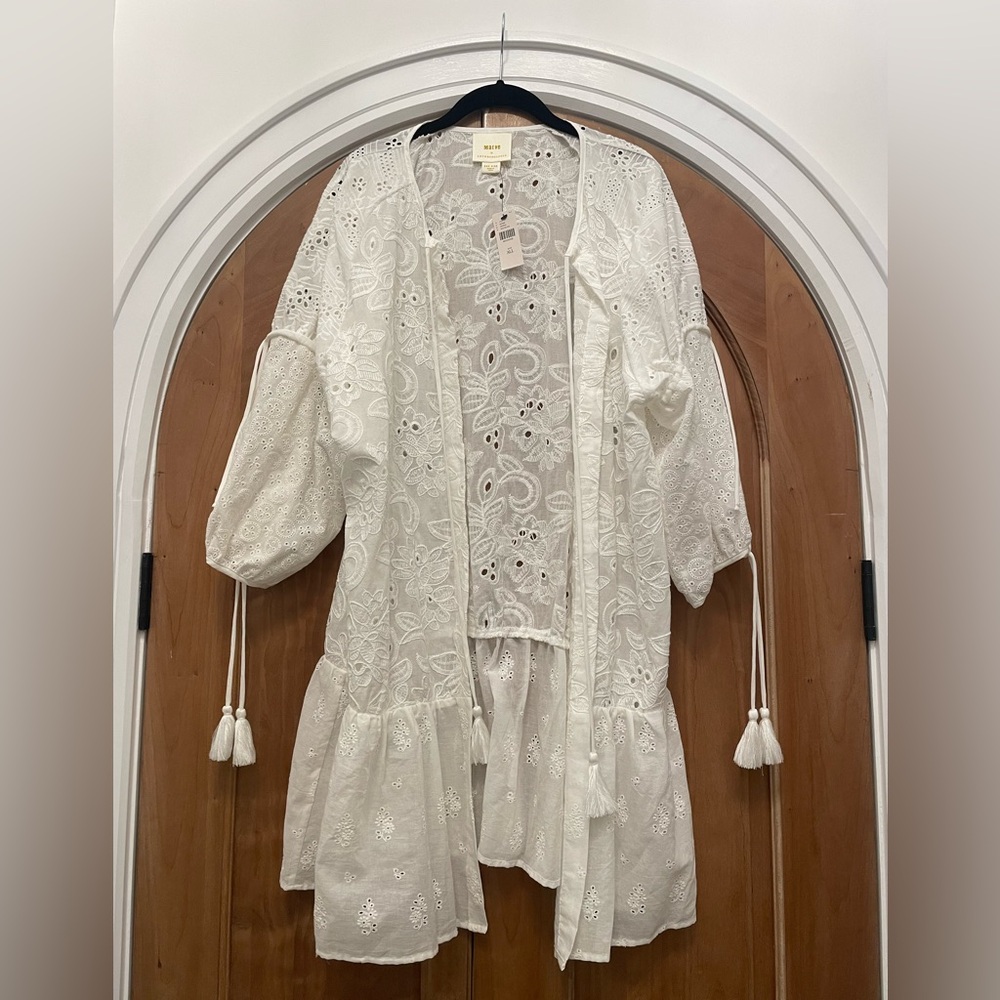 ANTHROPOLOGIE MAEVE Coverup Duster With Puff Sleeves & Embroidery